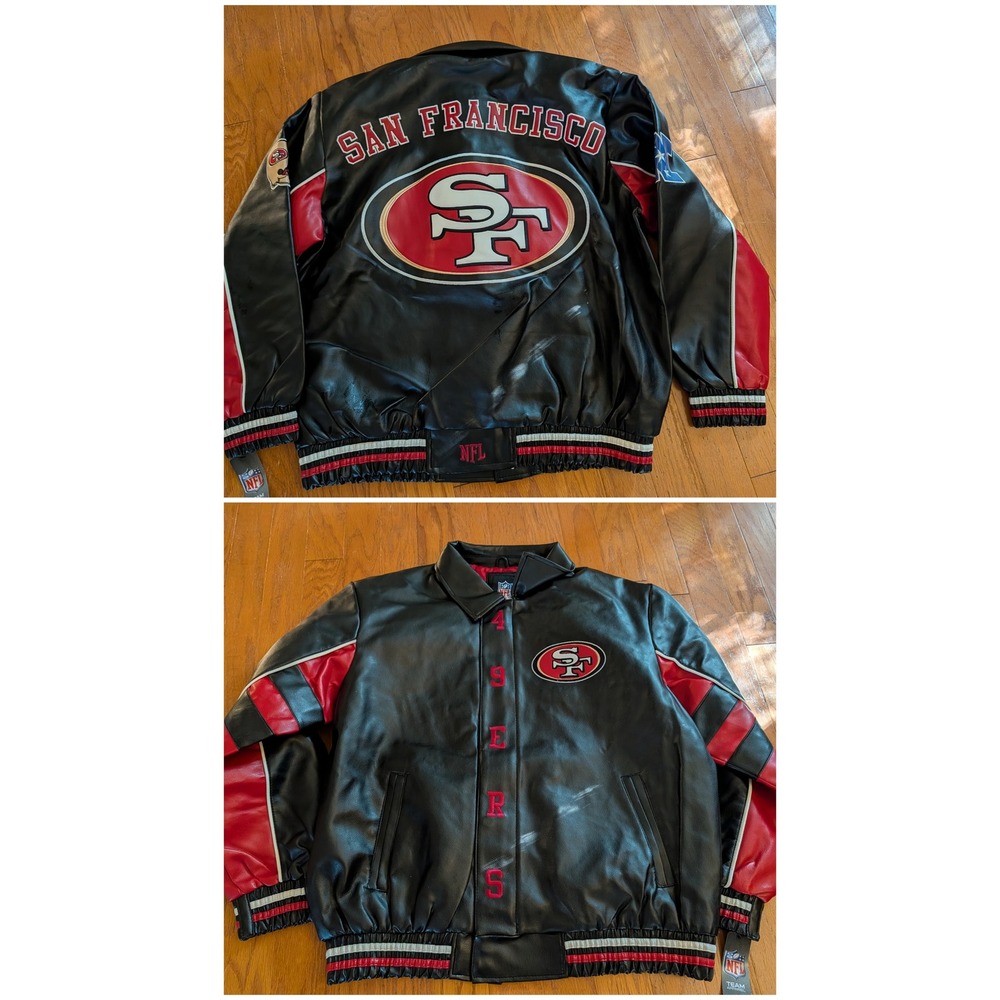 NFL San Francisco 49ers Faux Leather Varsity Jacket Black Red Mens XL NWT